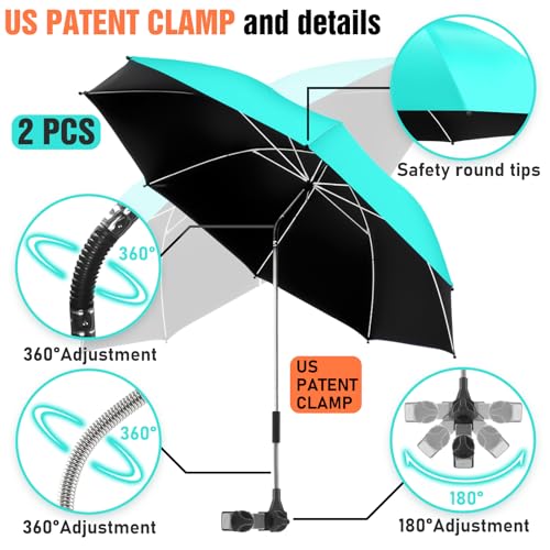 Image of 2 PACK Beach Umbrella with Clamp, 360 Adjustable Umbrellas for Chair, UPF50+ Umbrella for Beach Chair, Patio Chair, Wheelchair, Camping Chair, Golf Carts (Chair Not Included)