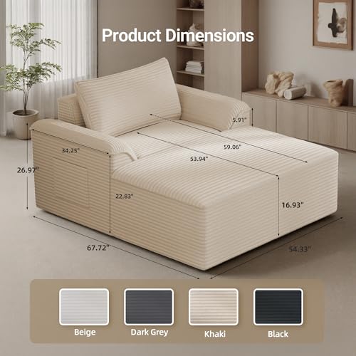 Image of Claiks 68 inch Oversized Chaise Lounge Chair Indoor, Corduroy Upholstered Boneless Sofa Bed, Deep Seat Sleeper Couch with Pillows and Armrest, Cloud Sofas Reading Chair for Living Room, Khaki