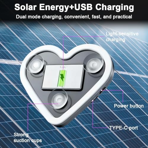 Image of Car LED Ambient Light Heart Shape with Solar & USB Charging - Neon Interior Windshield Decoration Lamp with Light Sensor, 5 Modes & Suction Mount for Cars, Romantic Night Driving Accessory