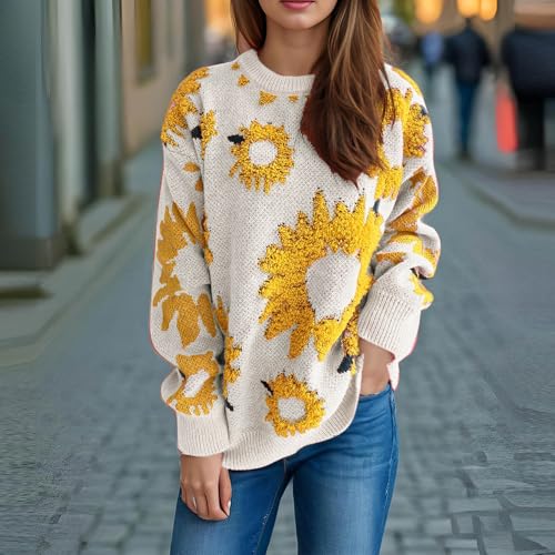 Women Fashion Sunflower Print Knit Sweater, Fall Winter Casual Warm Sweatshirt Long Sleeve Loose Crewneck Jumper Top2