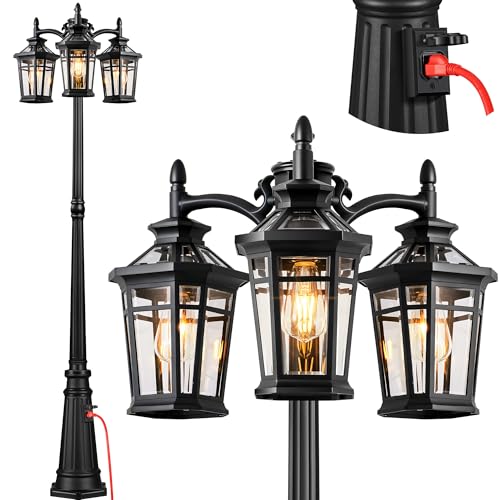 Image of Dusk to Dawn Outdoor Lamp Post Light with Outlet, Black 3-Head | Photocell Sensor, Extra Waterproof Outlet, Hardwired 120V AC, 100% Aluminum Street Light, For Patio, Yard, Walkway, Garage