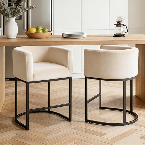 Image of 26 inch Counter Height Bar Stools Set of 1, Linen Fabric Upholstered Barrel Chairs with Back and Arms, Metal Frame Kitchen Island Stools with Footrest, Beige Fabric