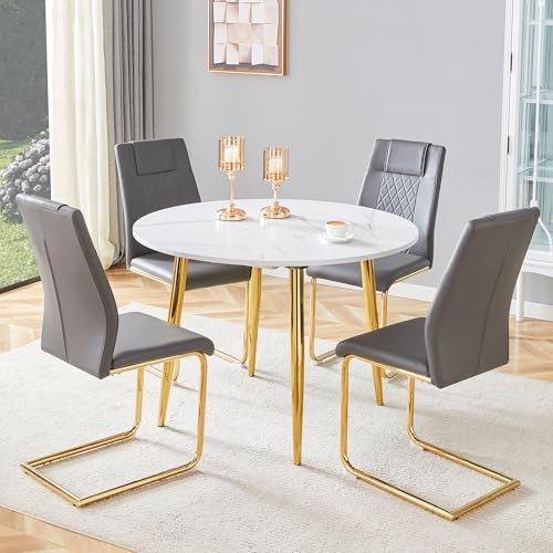 Image of Round Dining Table Set for 4, 42-54 inch Expandable Circle Dining Table Set with 4 Upholstered Chairs, Space-Saving Kitchen & Dining Room Table Set(1 White Table + 4 Gray Chairs)
