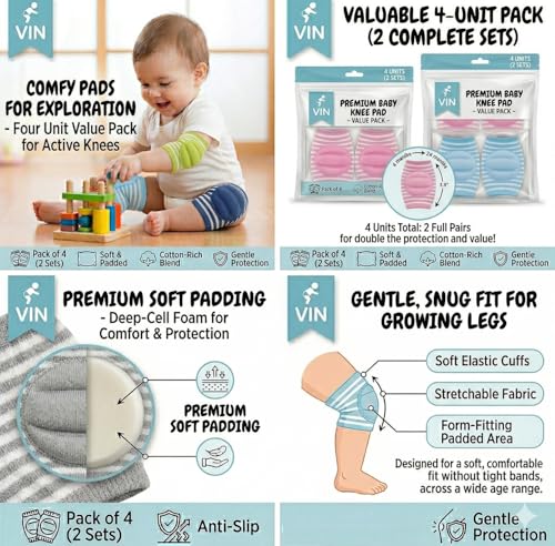 Image of Vin Baby Knee Elbow Hand Leg Protector Pads for Crawling Adjustable Breathable Waterproof Safety Protector, Anti-Slip Elastic Knee Elbow Pads Soft Cushion for Babies, Toddlers, Infants, Boys, Girls, Kids ( 2 Pair,Multicolor)