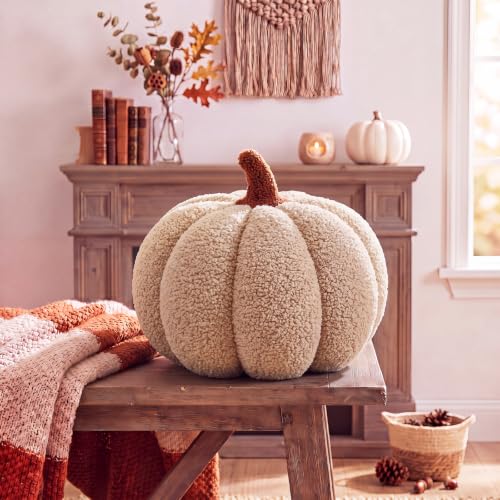Juexica 7 Inch Halloween Stuffed Pumpkin Pillow Fluffy Plush 3D Pumpkin Shaped Decoration Fall Thanksgiving Cushion Pillow Soft Cute Throw for Sofa Couch Supplies (Beige)