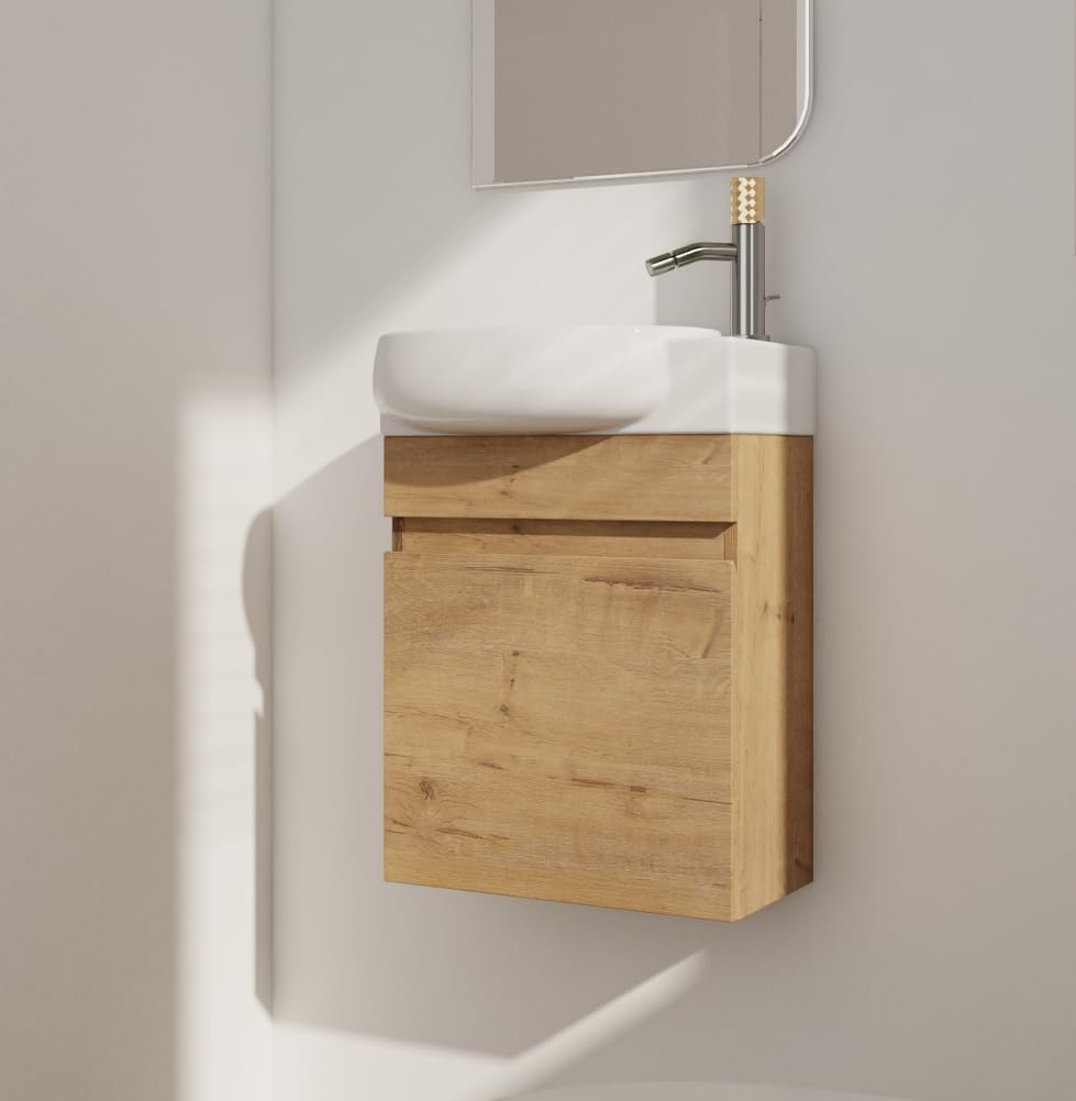 16" Wall Mounted Bathroom Vanity with Sink, Modern Floating Cabinet with Ceramic Basin&Soft Close Door, Bathroom Vanity Storage Cabinet Set for Small Bathroom