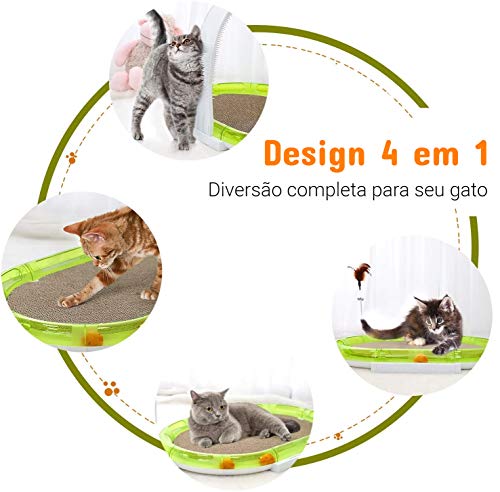 Brinquedo Gatos 4 em 1 = Arranhador + Túnel de bolinhas + Vareta com penas + Arco massageador