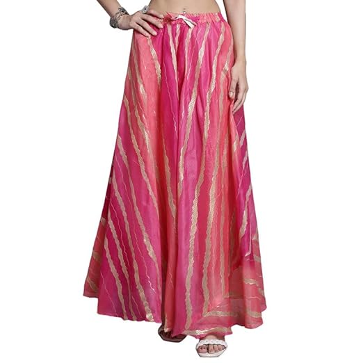 Women's Ethnic Cotton Printed Pico Drawstring Full-Length Skirt (Magenta) XL