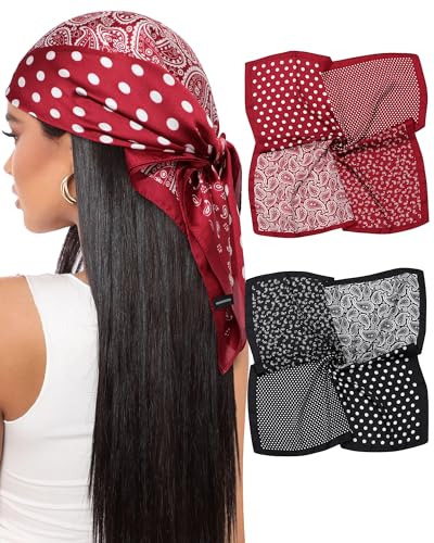 AWAYTR 27.5 Satin Head Scarf for Women Like Silk Scarf Hair Bandanas Women 2Pcs Satin Neck Scarf Headscarf Hair Wrap (Polka Dots - Black + Red)