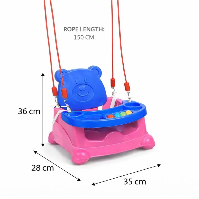 Image of 6-in-1 Multipurpose Baby Booster Seat Cum Hanging Swing Seat | Toddler Plastic Chair with Backrest & Safety Support | Feeding Seat with Long Ropes & Hooks for Boys & Girls (1-3 Years) (Pink Blue)