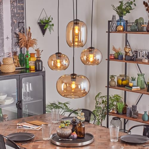 HOFSTEIN Suspension Apedo à 4 ampoules en métal/verre noir/ambre, design rétro/vintage (Ø 20, 30 cm), E27, suspension réglable jusqu'à max. 147 cm, salle...