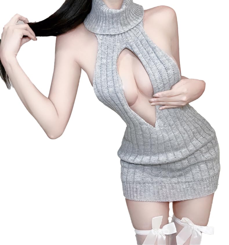 情人节 フリーサイズ サイズ 童貞を殺すセーター セーター セクシー カップル バックレス 可愛い ニットワンピース 写真撮影 誘惑 素材ポリエステル タートルネック イベント コスプレ ハロウィン セクシー衣装 過激 ノースリーブ 下着