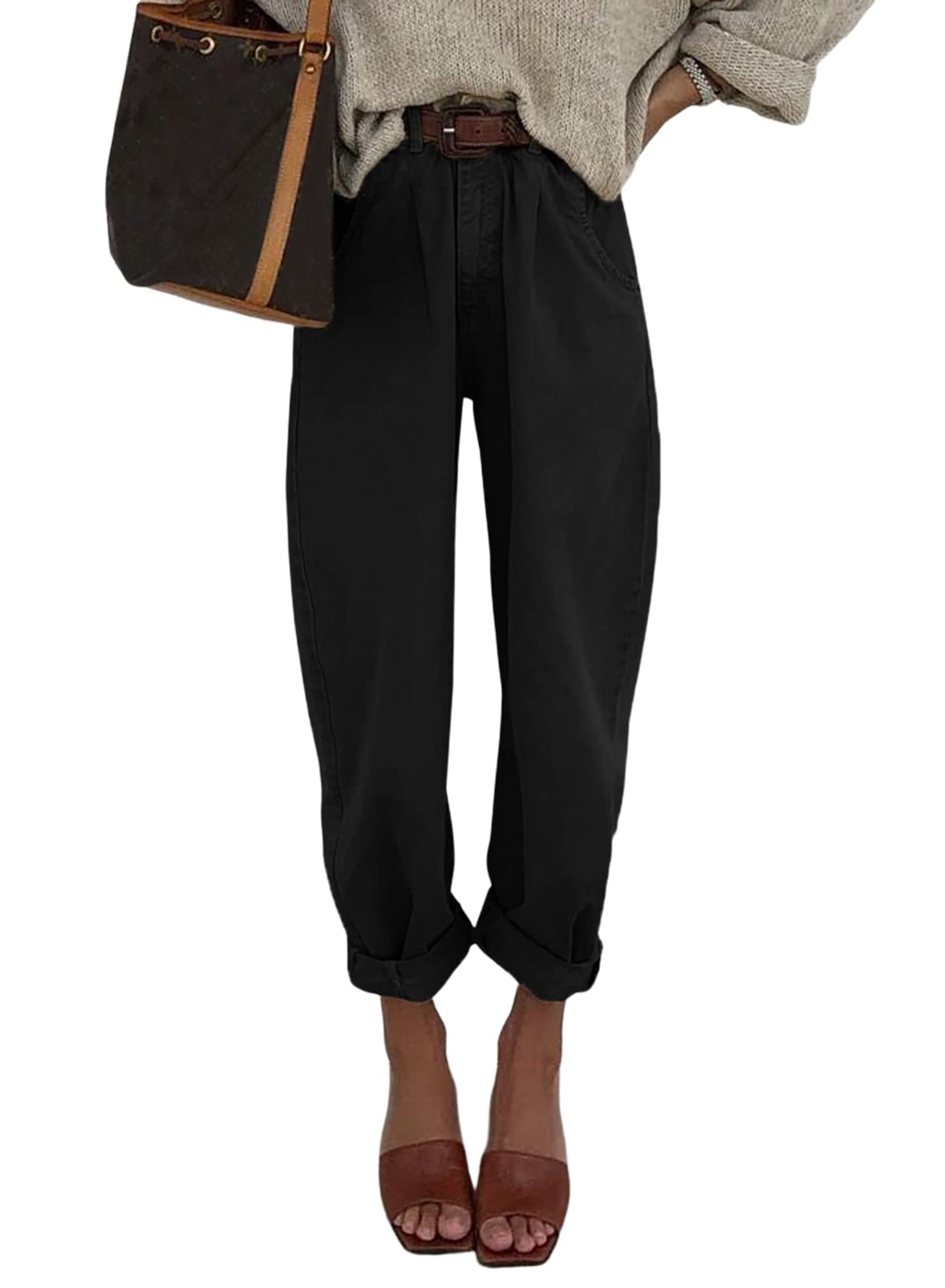 EVALESS Womens Baggy Jeans High Waisted Stretchy Boyfriend Barrel Denim Ankle Pants