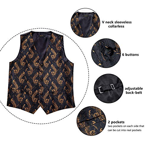 Image of DiBanGu Mens Paisley Vest Silk Sleeveless Suit Vest and Neck Tie Pocket Square Cufflinks Set for Wedding Formal