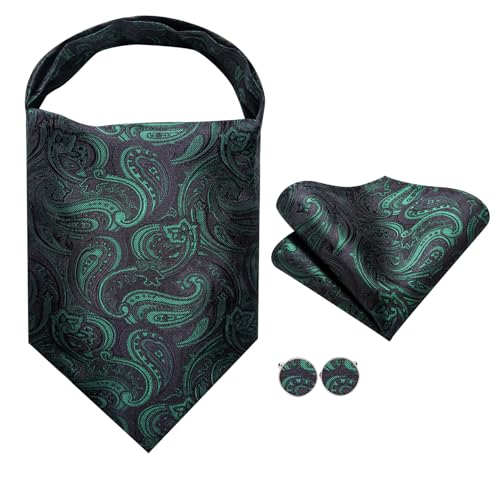 Image of Hi-Tie Silk Ascot for Men Self Tie Men's Cravat and Flower Lapel Pin Handkerchief Cufflinks Set for Wedding Party