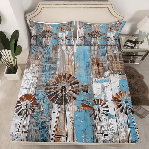 Homewish Windwill - Juego de ropa de cama doble vintage | Sábana bajera ajustable para puerta de granero antigua, estilo rústico, estilo rústico, funda de cama de madera de voluntad de viento retro, 3