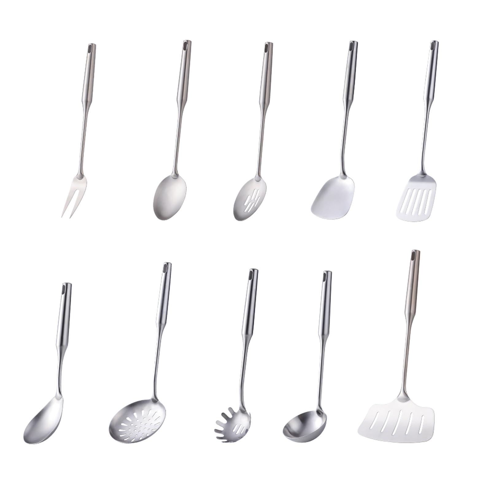Juego de utensilios de cocina de acero inoxidable, 10 piezas, incluye cucharas, volteadores, espátula y cucharón para cocina moderna