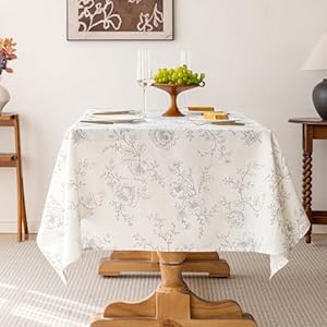   Floral-Linen-Table-Cloth-55-x-84-inch-Rustic-Vintage-Farmhouse-Tablecloth-Gray-Pattern-Printed-on-Cream-Linen-Tablecloth-Rectangle-Burlap-Textured-Fabric-Table-Cover-Home-Decor-Holiday