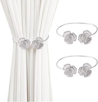 Flower Curtain Holdbacks Clips Window Drape Twist Tie Backs JruiZhp 2 Pcs Metal Flower Decoration Curtain Tiebacks, Girls Bedroom Decorative Draperies Holdbacks Silver