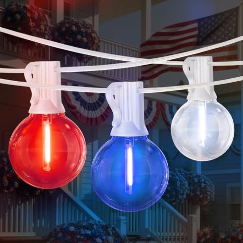 LAMPHOME 26Ft Outdoor String Lights, Red White Blue Patriotic Patio Lights with 12+1Edison Bulbs, LED Shatterproof String Lights for Outside Bistro Christmas Patio Party Decorations
