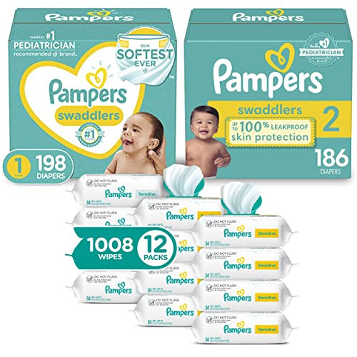 Image of Pampers Baby Diapers and Wipes Starter Kit, Swaddlers Disposable Baby Diapers Sizes 1 (198 Count) & (186 Count) with Sensitive Water Based Baby Wipes 12X Multi Pack Pop-Top and Refill (1008 Count)