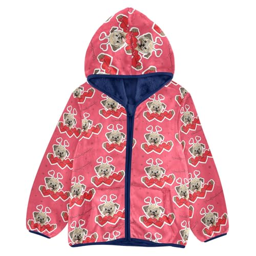 Cute Cartoon Pug Dogs and Hearts Girls Fleece Jacket Girls Fall Jacket Girls Zip Up Hoodie Girls Sherpa Jacket 2-10T