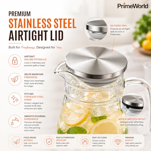 Image of PrimeWorld 1 pc 1.5 Litre Borosilicate Glass jug with Lid Stainless Stell Air Tight Water Pitchers with Handle for Fridge,Carafe for Hot /Cold Drink,Iced Tea, Coffee,Juice,Milk,Beverage