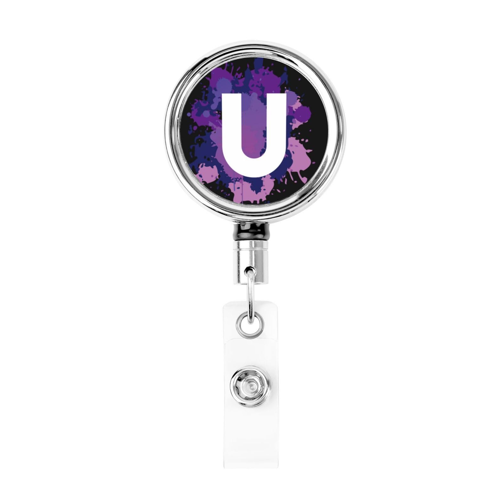 Initial Retractable Badge Holder, Colorful Badge Key Chain with Belt Clip, Metal ID Card Holder with Badge Reel for Nurse, Volunteer, Teacher, Student, Office, Splatter Letter U