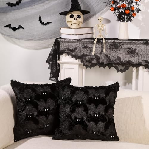Halloween Bats Pillow Covers Set of 2,Black Bat Soft Plush Faux F...