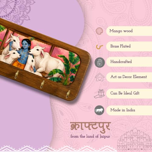 Image of Stylish Wooden Key Holder for Wall | Cute Key Holder for Home Decor | Key Holder Stand with 5 Hooks | Wall Mounted Key Hanger| (Krishna Ji Cow)