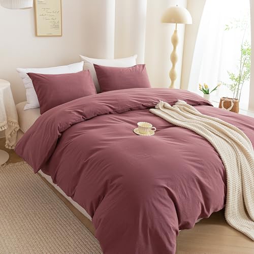 Image of ECOCOTT Duvet Cover King Size, 100% Washed Cotton Linen Feel Comforter Cover - 3pcs Dusty Rose Bedding Set with Zipper Closure & Corner Ties