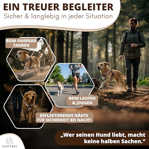 HAVERO Hundegeschirr Easy-On-Clip – [Kein Überkopfziehen] | Anti-Zug Y-Geschirr Gepolstert Reflektierend Atmungsaktiv Brustgeschirr – kleine, mittelgroße & Grosse Hunde Geschirr (Braun, M)