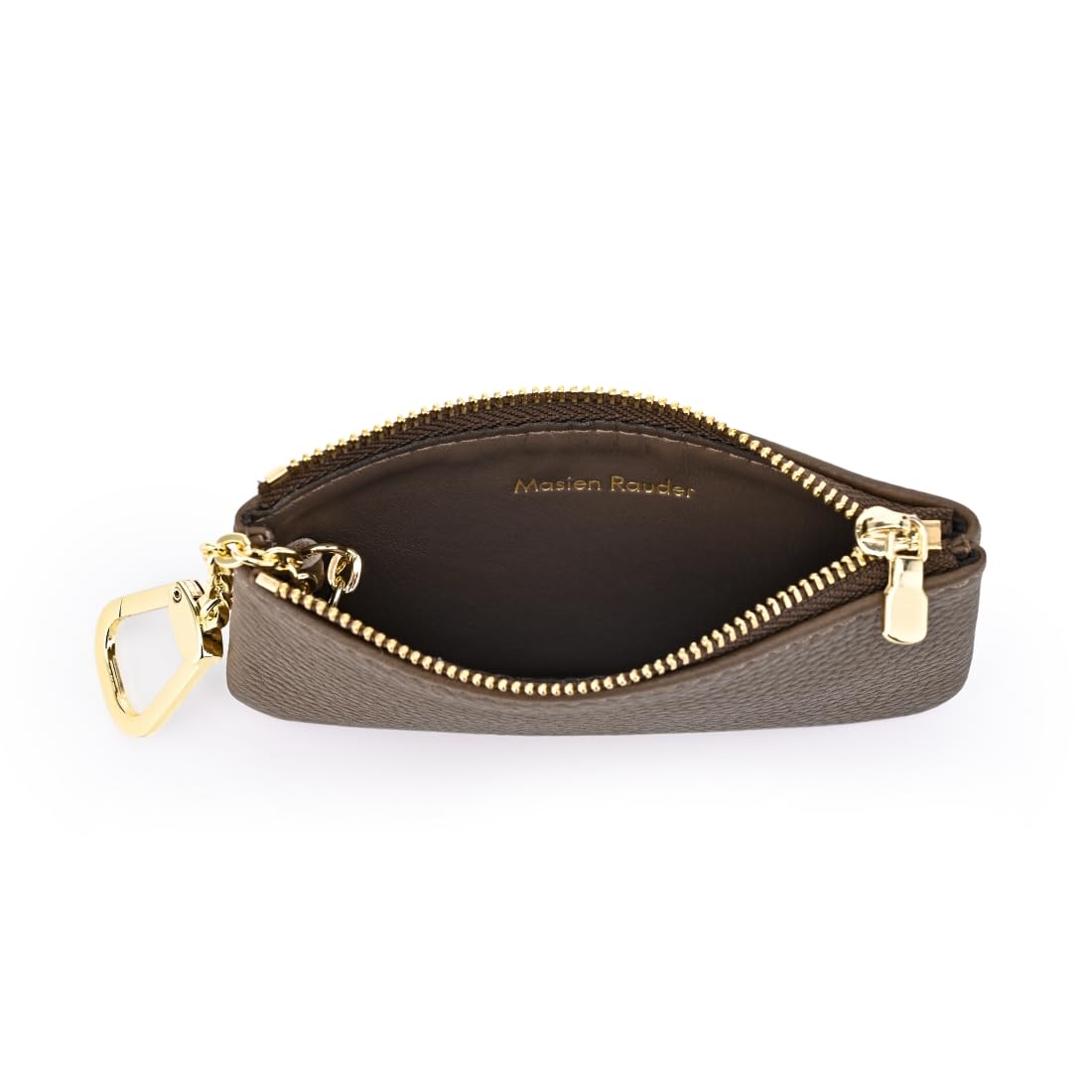 Masien Rauder Luxury Zip Key Chain Pouch | Mini Coin Purse Wallet Card Holder with Clasp | for Men Women (Grey - Pebbled Leather)