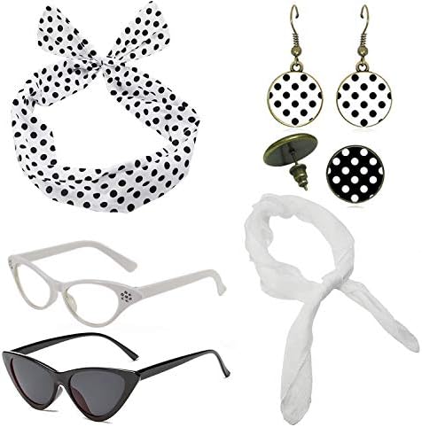1950's Womens Costume Accessories Set - 50s Chiffon Scarf,Cat Eye Glasses,Bandana Tie Headband,Drop Dot Earrings (White)