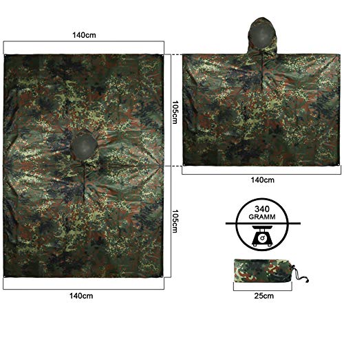 LOOGU Leichter wasserdichter Regenponcho mit Kapuze Camouflage Design Ripstop Mehrzweck Regenmantel für Männer und Frauen Regencape schnell trocknend wiederverwendbar Für Camping Angeln Jagd Events