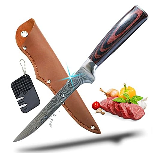 Premium Boning Knife with Sheath & Pocket Knife Sharpener 6 Inch High Carbon Stainless Steel Japanese Fillet Knife Professional Trimming Knife for Meat, Fish, Deboning