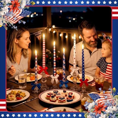 Image of Aurelema 6 Pcs 4th of July LED Flameless Candle Set 250th Anniversary Patriotic Taper Candles Battery Operated with Remote American USA Flag Bow Candles for Independence Day Decor Party Favors