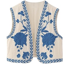 Women's Vintage Embroidered Floral Vest Y2k Sleeveless Linen