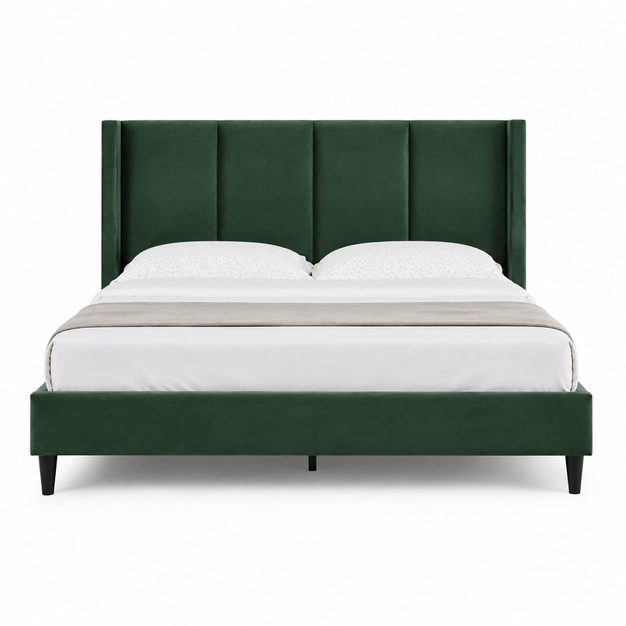 Modern Upholstered Bed Frame with Tall Wingback Headboard | Premium Fabric Platform Bed | Strong Wooden Support | No Box Spring Required | Green-image-27
