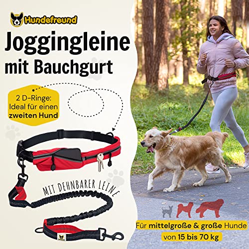 Hundefreund Joggingleine mit Bauchgurt Rot | Laufleine Elastisch Ruckdämpfend Reflektierend für mittelgroße und große Hunde bis 70 kg | Freie Hände zum Joggen Laufen Radfahren Wandern