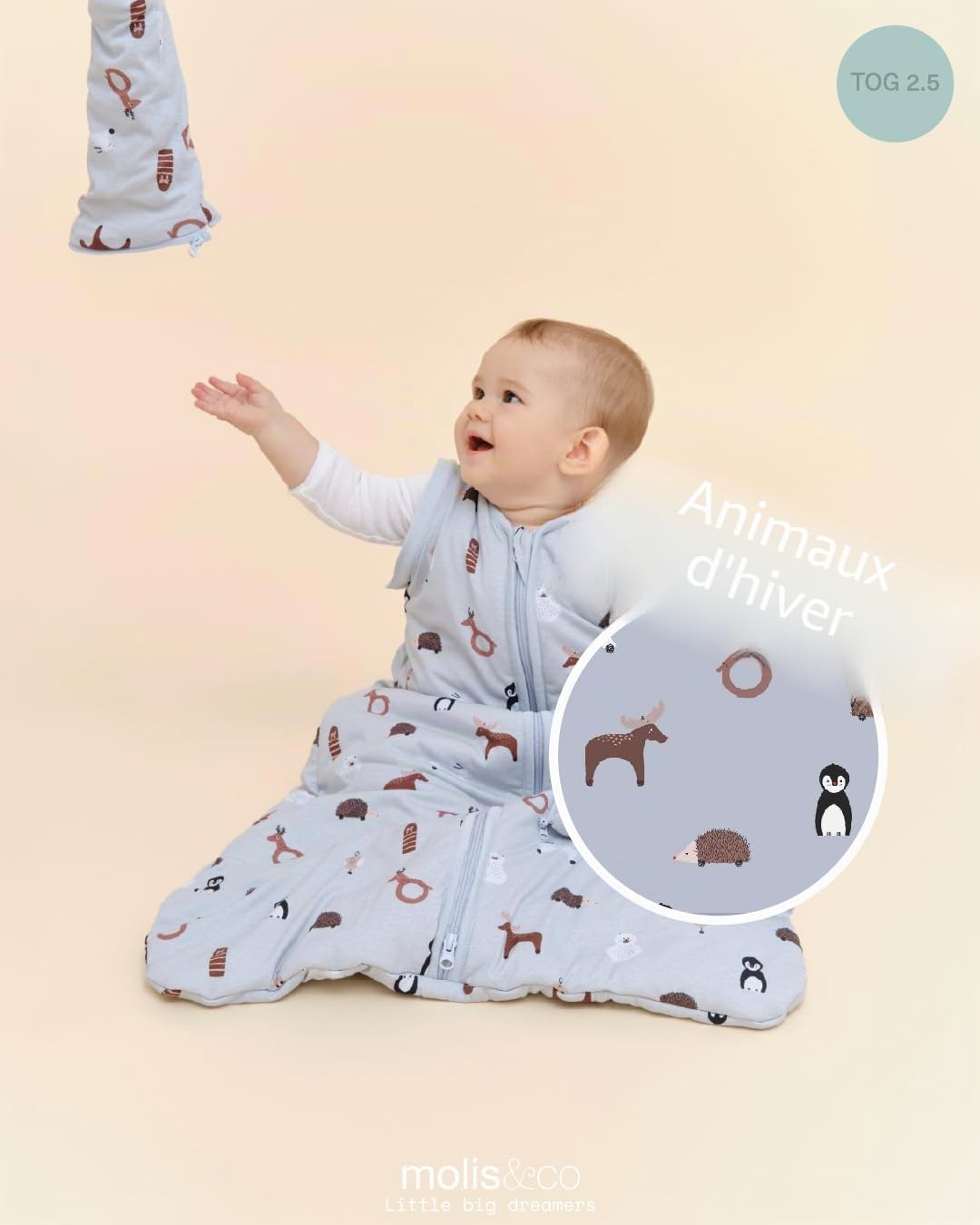 molis&co - Gigoteuse pour bébé avec Manches Amovibles - Gigoteuse Bébé Tog 2.5-100% Coton (Oeko-TEX) - Changement de Couche à accès à Zip Facile - Turbulette pour Bébé - Winter Animals (6-12 Mois)