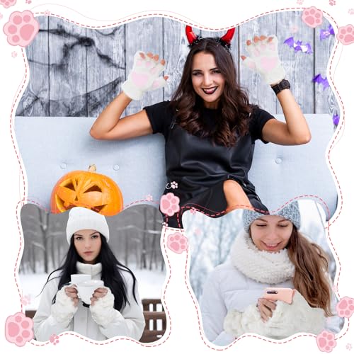 Tyqour Fingerlose Handschuhe Damen Weiße Katzenpfoten Plüsch Halb Handschuhe Winterhandschuhe