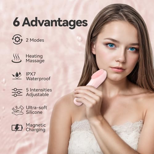 Silicone Face Scrubber, Facial Cleansing Brush with Heating and Vibration, Electric Waterproof Face Wash Brush with 5 Strength Adjustable for Exfoliating, Deep Cleaning, and Face Massaging (Pink) - Image 5