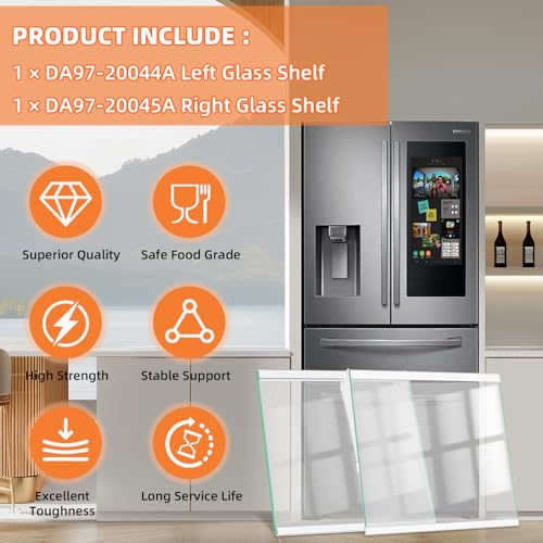 Image of UPGRADED DA97-20044A DA97-20045A Refrigerator Glass Shelf Compatible with Samsung Fridge Shelf Replacement Parts Samsung Refrigerator Shelves Assembly RF28R7201SR RF28R7351SR Tempered Glass Left&Right