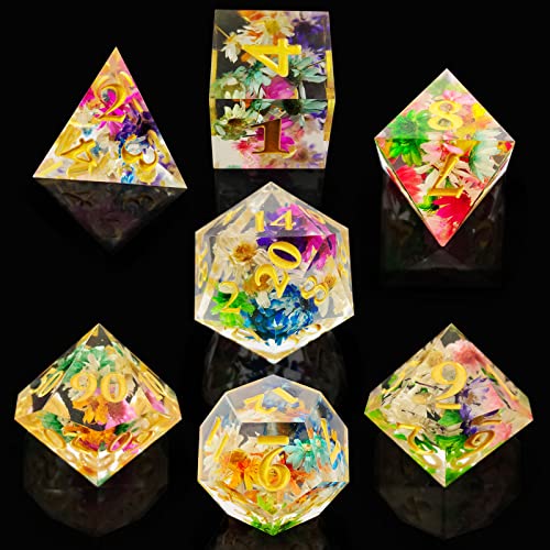 WZLHJRAR-DND-Dice-Set-7pcs-DD-Dungeons-and-Dragons-RPG-Polyhedron-with-Sharp-Edges-Resin-Dice-MTG-Pathfinder-Tabletop-Game-Collection-and-Gifts-D20-Black-Storage-Bag-Flower