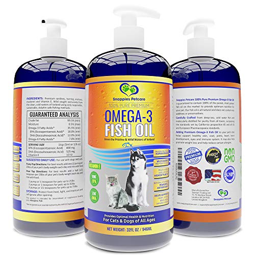 Snappies Petcare Omega 3 Fish Oil for Dogs and Cats  Wild & Pure Icelandic Liquid Fish Oil Supplement - No Odor & More EPA & DHA Than Salmon Oil for Optimal Pet Nutrition (32 Ounces)