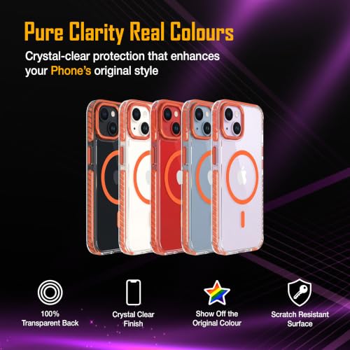 Image of Zapcase Crystal Clear Back case for iPhone 13 | Hard PC Back | TPU Bumper with Inner Rubber Grip | Metal Camera Guard Bezel | Metal Buttons | Scratch Resistant Cover | 2 Layer Edge Protection | Orange