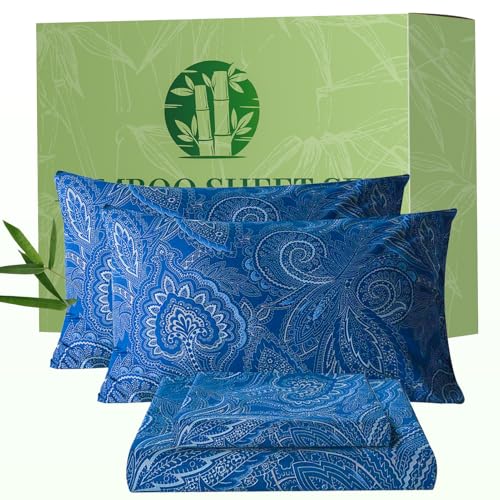 Image of Bedlifes Extra Deep Pocket 18-24 inch King 4-Piece Sheet Set - Cooling Sheets Blend Rayon Derived from Bamboo Soft & Breathable,Featuring Paisley Dark Navy Blue