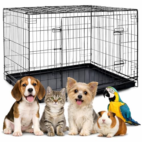 Image of Berlin's Small Puppy Dog Cage, Foldable Portable Crate, Double Door with Latches, Removable Tray, Comfort Mattress (18x14x12inches) (Black, 18 Inch)