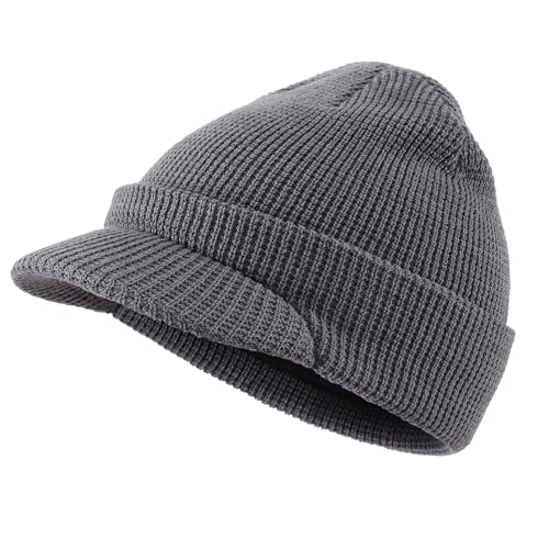 Home Prefer Mens Wool Blend Winter Hat Double-Layer Warm Knit Pre-Curve Visor Beanie Brimmed Beanies Hat for Men Women (US Alpha One Size Grey)